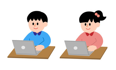 パソコン作業する男の子女の子