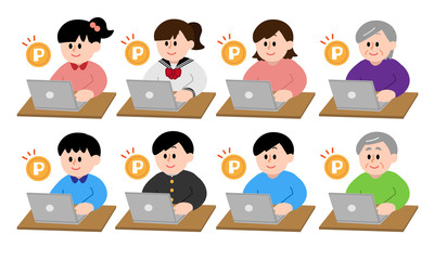 パソコンでポイントをゲットする人物セット