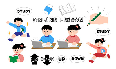 オンライン授業を受ける小学生セット