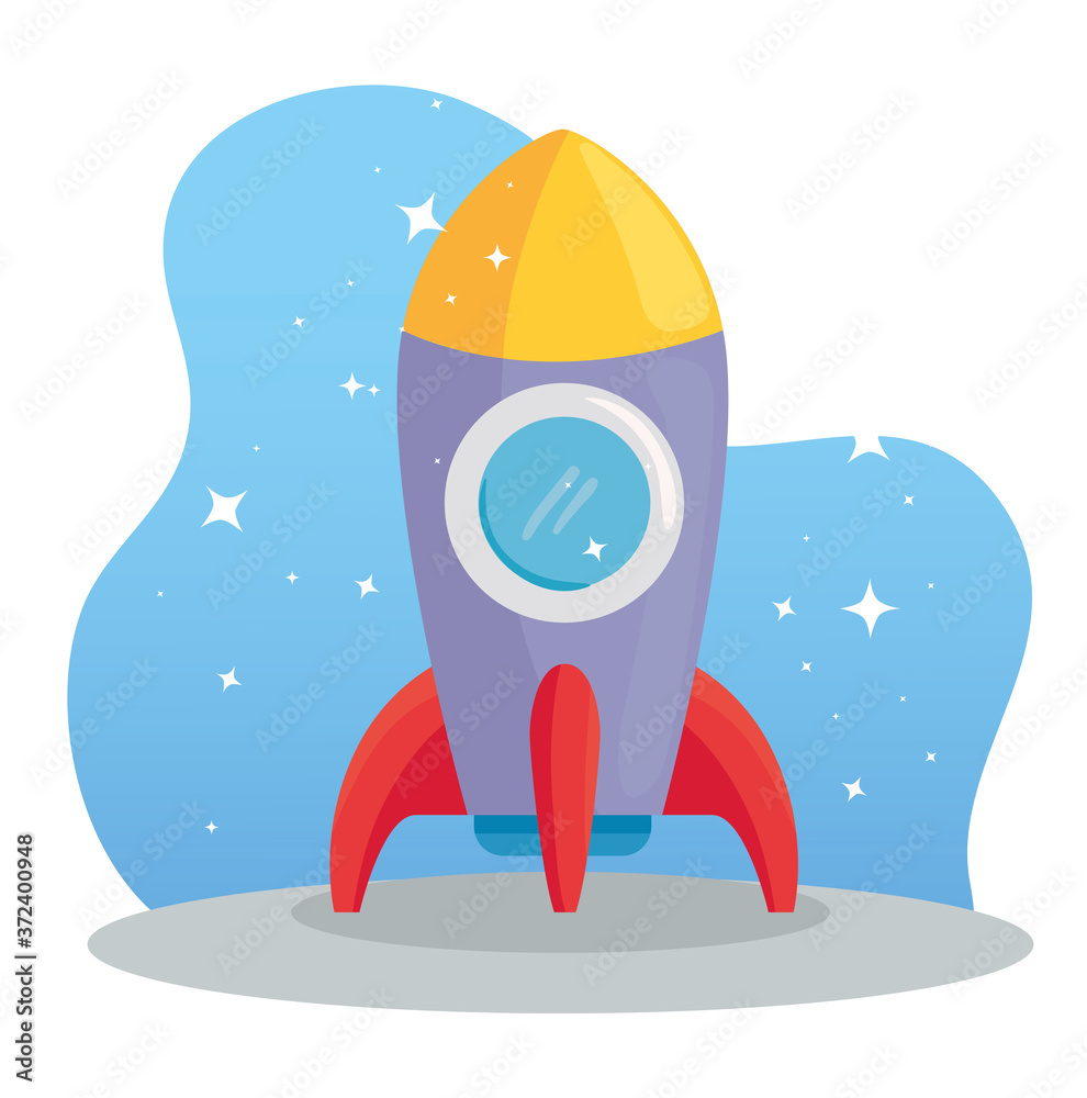 Sticker child toy rocket with stars on background vector illustration design