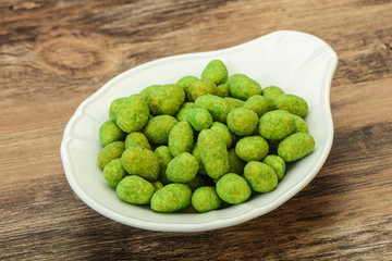 Spicy wasabi peanuts in the bowl