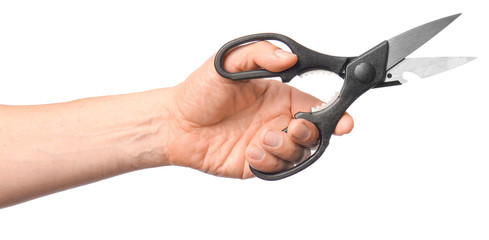 Male hand with scissors on white background