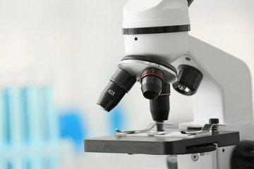 Modern microscope in laboratory, closeup