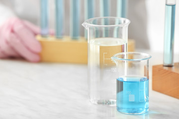 Glassware on table in laboratory