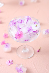 Glass with frozen flowers in ice on color background