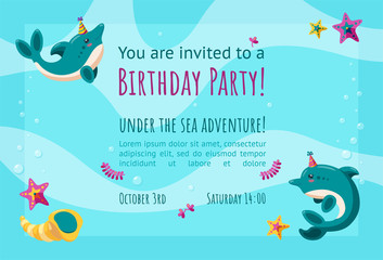 Birthday invitation card with cute little dolphins, starfish and seashells. Ready-made invitation design for birthday parties. Colorful falt vector illustration in background with waves.