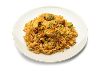 Plate with tasty pilaf on white background