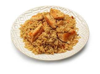 Plate with tasty pilaf on white background