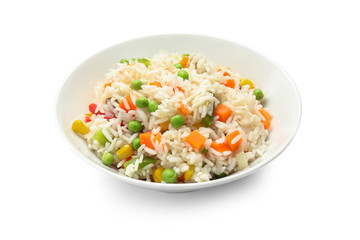Plate with tasty pilaf on white background