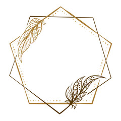 Vector round polygonal dotted frame with feathers decoration