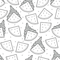 Vector illustration. Hand drawing ice cream. Watermelon Ice Cream Sandwich. Cute print. Coloring page. Unusual dessert. Seamless background