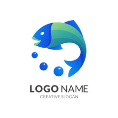 fish and bubble logo design, modern 3d logo style in gradient green and blue color
