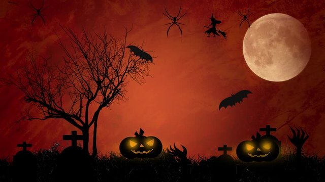 Halloween party with pumpkins devils celebrated with their friends in full moon dark night background
