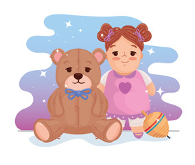 kids toys, cute doll with teddy bear and spinning toy vector illustration design