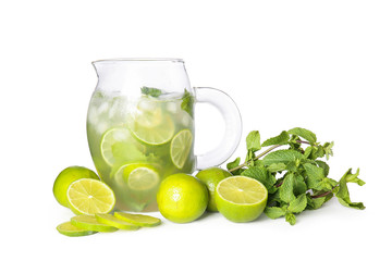 Glassware of fresh mojito on white background