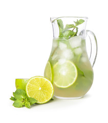 Jug of fresh mojito on white background