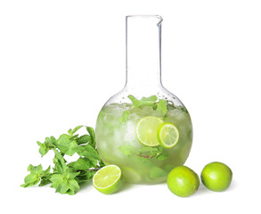 Jug of fresh mojito on white background