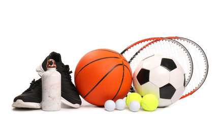 Different sports equipment on white background