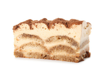 Tasty tiramisu on white background