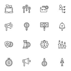 Business finance strategy line icons set, outline vector symbol collection, linear style pictogram pack. Signs, logo illustration. Set includes icons as portfolio, money, stopwatch, marketing, rocket