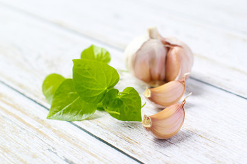 Garlic on a white background. Garlic Cloves in vintage wooden bowl. Garlic banner.