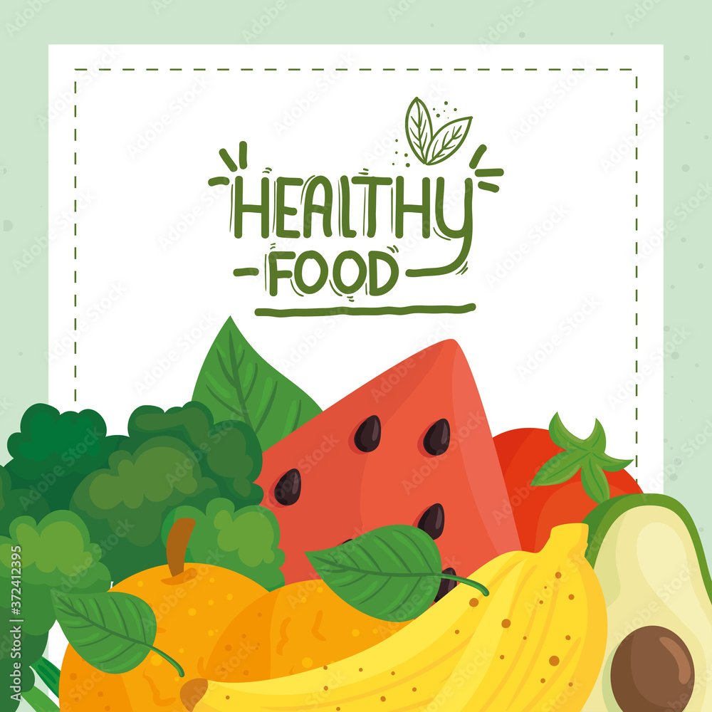 Sticker banner healthy food, fruits and vegetables, concept food healthy vector illustration design