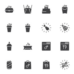 Takeaway food service vector icons set, modern solid symbol collection, filled style pictogram pack. Signs, logo illustration. Set includes icons as noodles package, pizza, chicken, soda drink, coffee