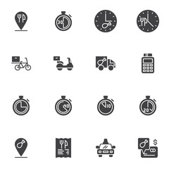 Fast food delivery vector icons set, modern solid symbol collection, filled style pictogram pack. Signs, logo illustration. Set includes icons as express delivery scooter, menu, shipping tracking