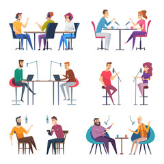 Broadcasting studio. Characters making music microphone and headset radio show speaker vector people. Illustration broadcasting conversation, discussion character on radio
