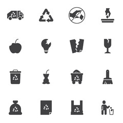Waste material vector icons set, rubbish modern solid symbol collection, filled style pictogram pack. Signs, logo illustration. Set includes icons as organic waste, garbage, litter, glass, plastic bag