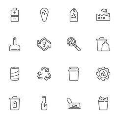 Waste, garbage line icons set, outline vector symbol collection, linear style pictogram pack. Signs, logo illustration. Set includes icons as trash bin, garbage, litter, rubbish, battery, metal