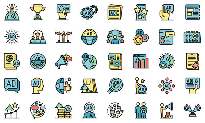 Advertising Manager icons set. Outline set of Advertising Manager vector icons thin line color flat on white