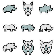 Rhino icons set. Outline set of rhino vector icons thin line color flat on white