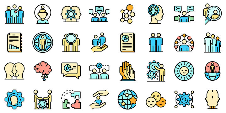 Sociology icons set. Outline set of sociology vector icons thin line color flat on white