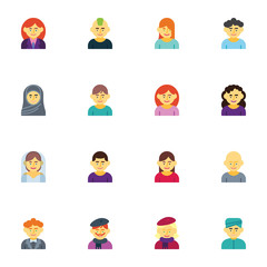 People avatar, character collection, flat icons set, Colorful symbols pack contains - hipster man, muslim woman, artist, groom and bride. Vector illustration. Flat style design