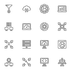 SEO and development line icons set, outline vector symbol collection, linear style pictogram pack. Signs logo illustration. Set includes icons as website optimization, market analysis, cloud computing