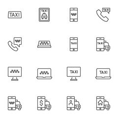 Online taxi ordering line icons set, outline vector symbol collection, linear style pictogram pack. Signs, logo illustration. Set includes icons as taxi service, online booking