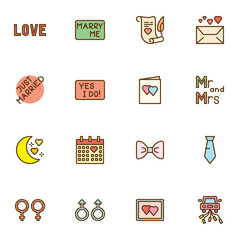Wedding Marriage filled outline icons set, line vector symbol collection, linear colorful pictogram pack. Signs logo illustration, Set includes icons as love, marry me, invitation card, calendar day