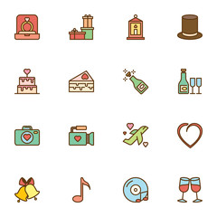 Wedding party filled outline icons set, line vector symbol collection, linear colorful pictogram pack. Signs, logo illustration, Set includes icons as cake, engagement ring, champagne, romantic music