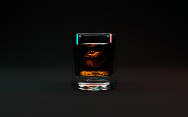 Glass of whiskey on black with ice