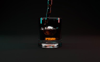 Glass of whiskey on black with ice