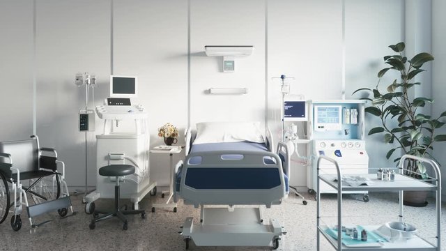 Empty bed in a hospital room with medical equipment