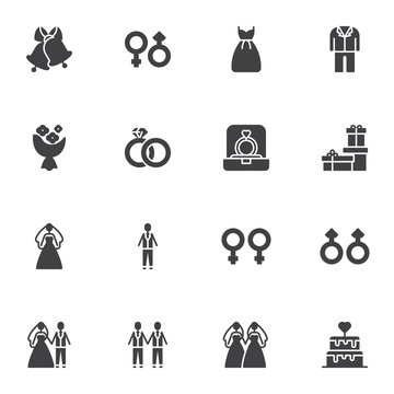 Wedding Marriage vector icons set, modern solid symbol collection, filled style pictogram pack. Signs, logo illustration. Set includes icons as gift box, flower bouquet, bride groom, engagement ring