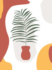 Abstract vertical background with a tropical leaf in a vase. Colorful template for Wallpaper, wrapping paper, clothing, fill, decor. Vector illustration