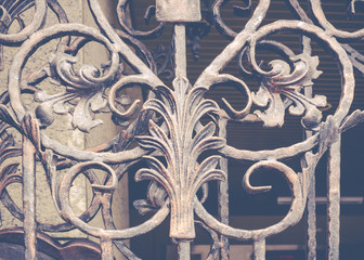 Wrought iron railing. Shapes of leaf and elegant curves. Toned image.
