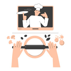 Man chef teaches cooking pizza. Woman watches a video recipe on the laptop and prepares food at home in the kitchen. Concept of online recipes, home cooking. Vector flat illustration