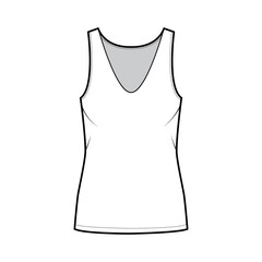 Cotton-jersey tank technical fashion illustration with relax fit, plunging V-neckline, sleeveless. Flat outwear camisole apparel template front white color. Women men unisex shirt top CAD mockup 