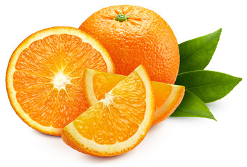 Whole orange and half and slices with leaf isolated on white background. Orange with clipping path.