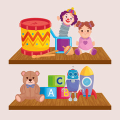 cute kids toys in wooden shelving vector illustration design