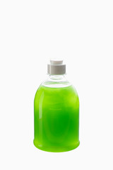 Shampoo bottle on white background. Green color dishwashing liquid.